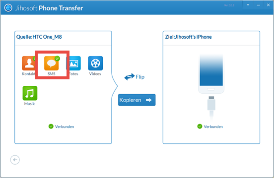 Jihosoft Handy Datenübertragung zum Übertragen von SMS-Nachrichten zwischen dem HTC und iPhone