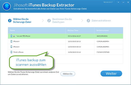 iTunes-Backup zum Scannen auswählen