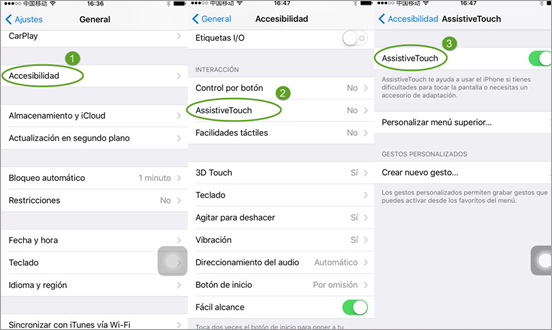 en su iPhone, vaya a Ajustes> General> Accesibilidad> active AssistiveTouch