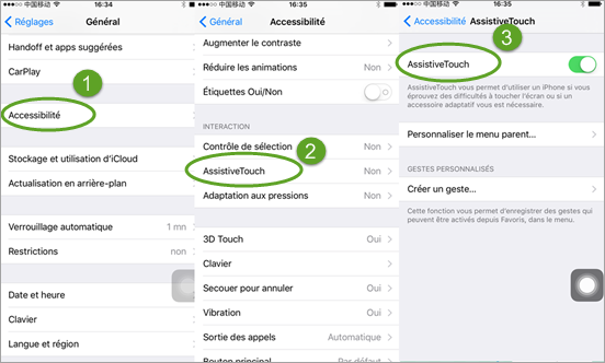 Sur votre iPhone, allez à Réglages> Général> Accessibilité> activez AssistiveTouch