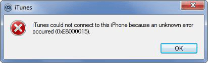 iTunes n’a pas pu se connecter à cet iPhone. Une erreur inconnue s’est produite (0xE8000015)