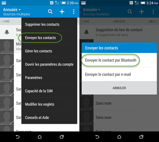 Transférer Contacts entre les Mobiles Android via Bluetooth/Wi-Fi Direct