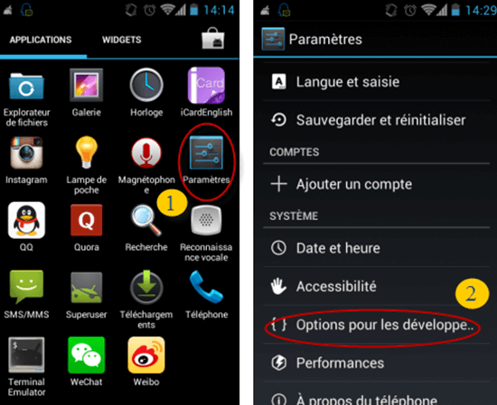 Mesures pour permettre le débogage USB sur Android 4.0-4.1