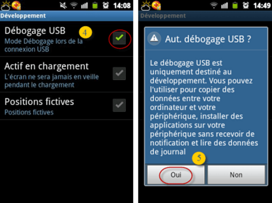 Mesures pour permettre le débogage USB sur Android 1.6-3.2