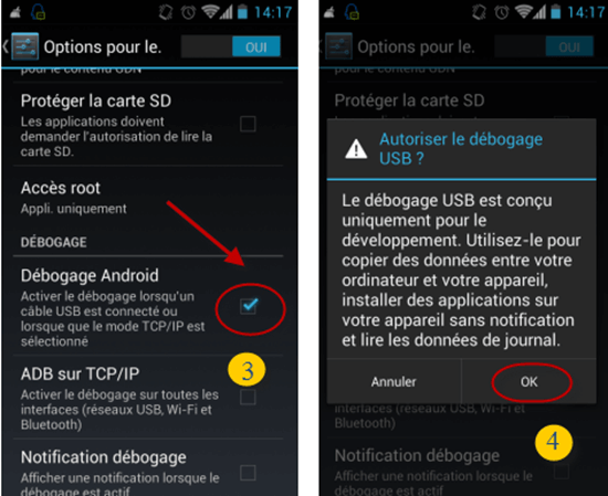 Mesures pour permettre le débogage USB sur Android 4.0-4.1