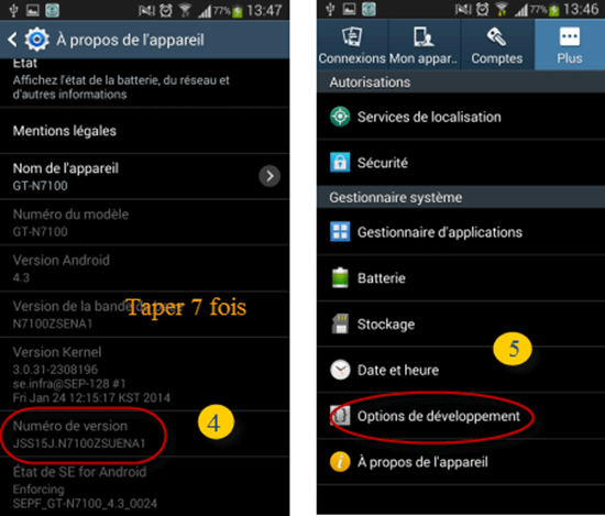 Mesures pour permettre le débogage USB sur Android 4.2-4.3