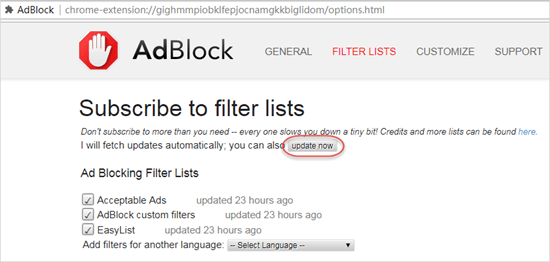 Actualice las listas de filtros de AdBlock