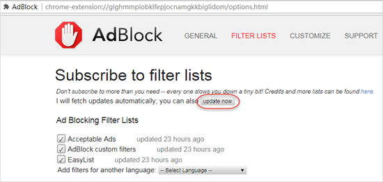 Aktualisieren Sie AdBlock-Filterlisten