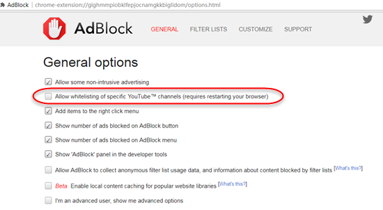 Deaktivieren Sie die Whitelist des YouTube-Kanals in Chrome