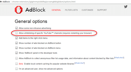 Désactivez la mise en liste blanche des chaînes YouTube dans Chrome