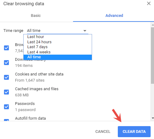 Limpie los datos de la caché y datos de historial en su navegador