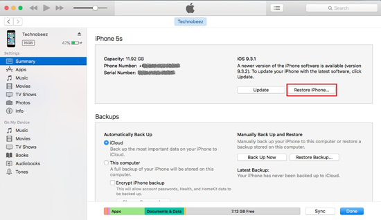 Restaure su iPhone en iTunes