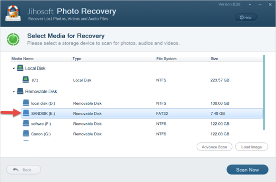 Select the SanDisk SD card from which you would like to recover photos.