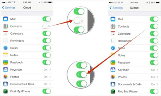 Desactiva y vuelve a activar la opción Contactos en iCloud