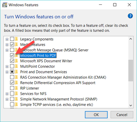 Make sure Microsoft Print to PDF is Enabled