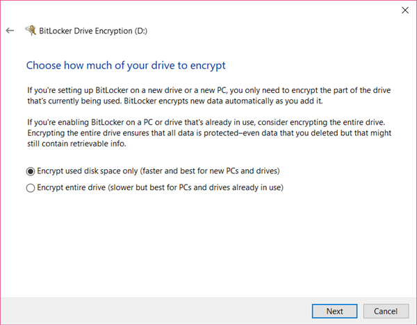 Encrypt used disk space or to Encrypt entire drive