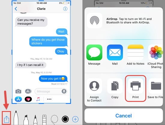 Étapes pour imprimer les messages texte iPhone avec une capture d'écran