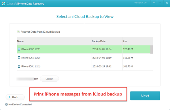 Imprima mensajes de iPhone en iCloud / iTunes copia de seguridad