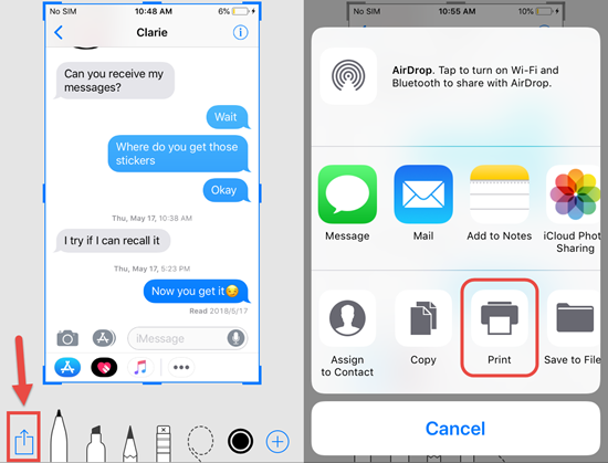 Schritte zum Drucken von iPhone Textnachrichten mit Screenshot