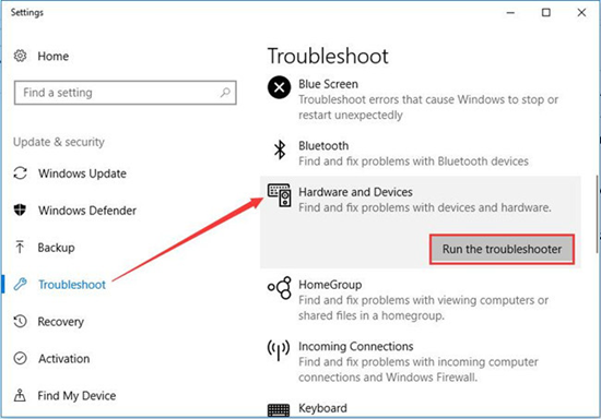 Ejecutar el Troubleshooter de hardware y dispositivo