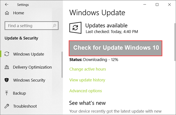 Check for Windows 10 Auto Update on Settings