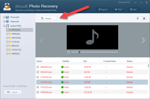 Preview and Recover found audio.