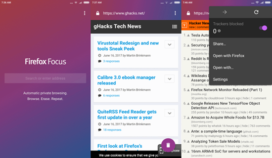 Firefox Focus, Top aplicaciones de bloqueador de anuncios para Android.