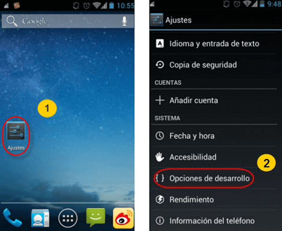 Pasos para habilitar la depuración USB en Android 4.0 – 4.1