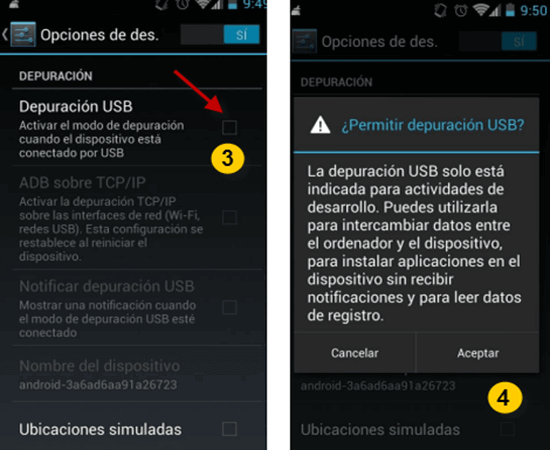 Pasos para habilitar la depuración USB en Android 4.0 – 4.1