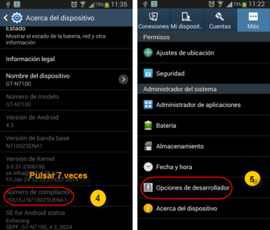 Pasos para habilitar la depuración USB en Android 4.2 – 4.3