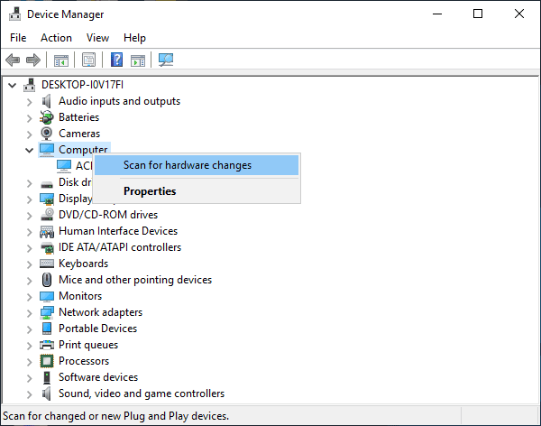 Scan for Hardware Changes with Device Manager