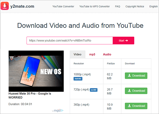 Mit Y2Mate können Sie Videos und Audios von YouTube herunterladen.