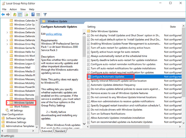 Detener las actualizaciones de Windows 10 con el Editor de Políticas de Grupo