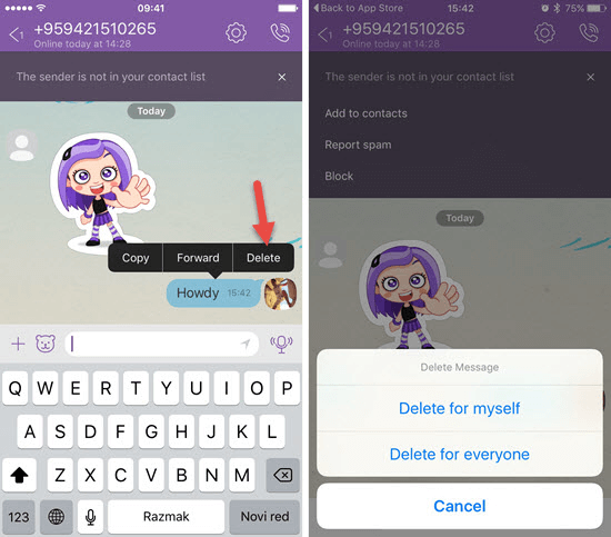 Wie kann man eine bestimmte Nachricht in der Viber-Unterhaltung löschen?