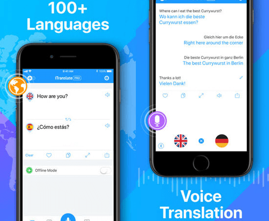 Itranslate ofrece a sus usuarios soporte de traducción lingüística para más de 90 idiomas con los métodos texto-a-texto y comando de voz, respectivamente.